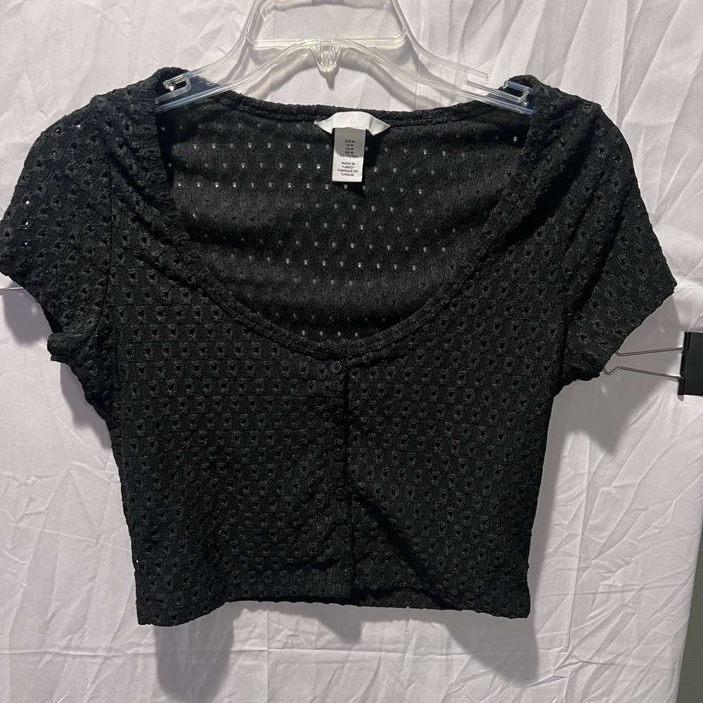 Cropped Black Top eyelet boho coquette Whimsigoth Peasant Button Up Size Medium